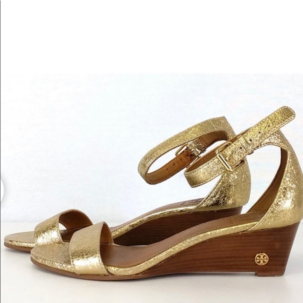 Tory Burch Savanna 45 MM Wedge Sandals size 7.5 in Spark Gold